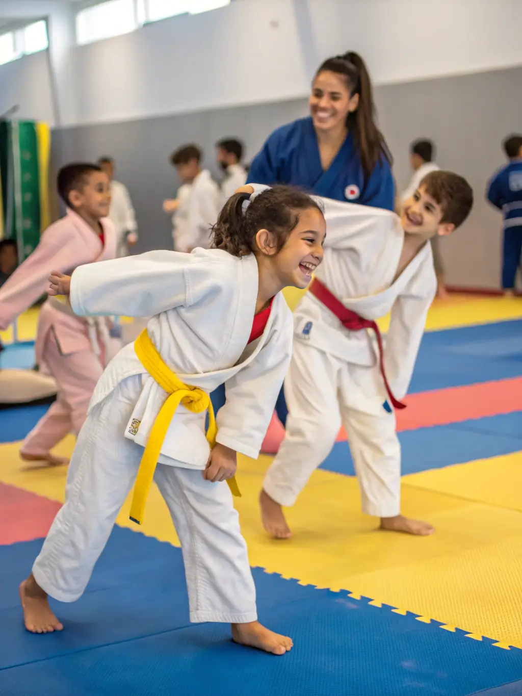 A dynamic action shot of children practicing judo, focusing on their concentration and the supportive atmosphere of the class at EVREUX JUDO.