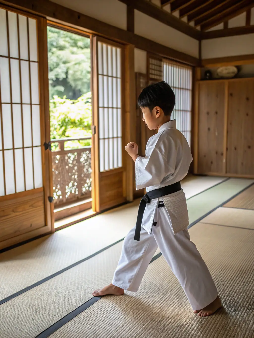 A confident young martial artist standing tall after successfully completing a challenging exercise, reflecting the self-confidence gained through training.