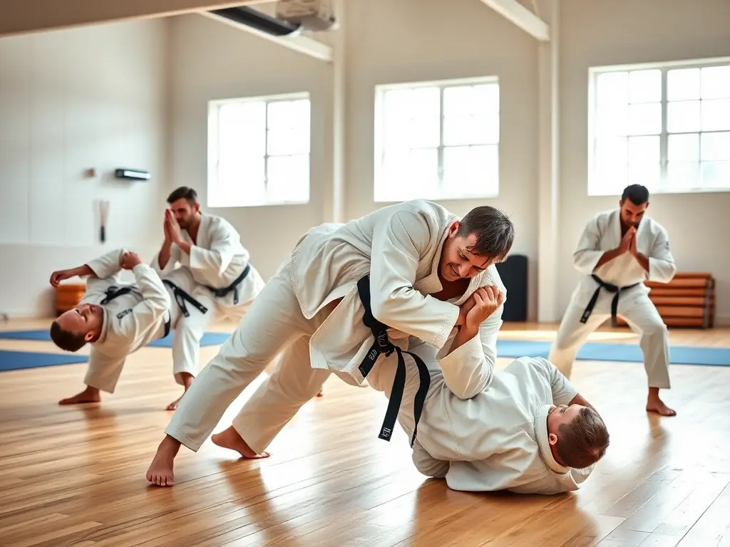 A dynamic action shot of two judokas engaged in a throw during a judo match, showcasing the power and technique involved in judo.