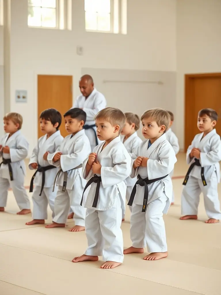 A dynamic shot of children practicing judo, focusing on their focused expressions and the supportive atmosphere of the dojo at EVREUX JUDO.