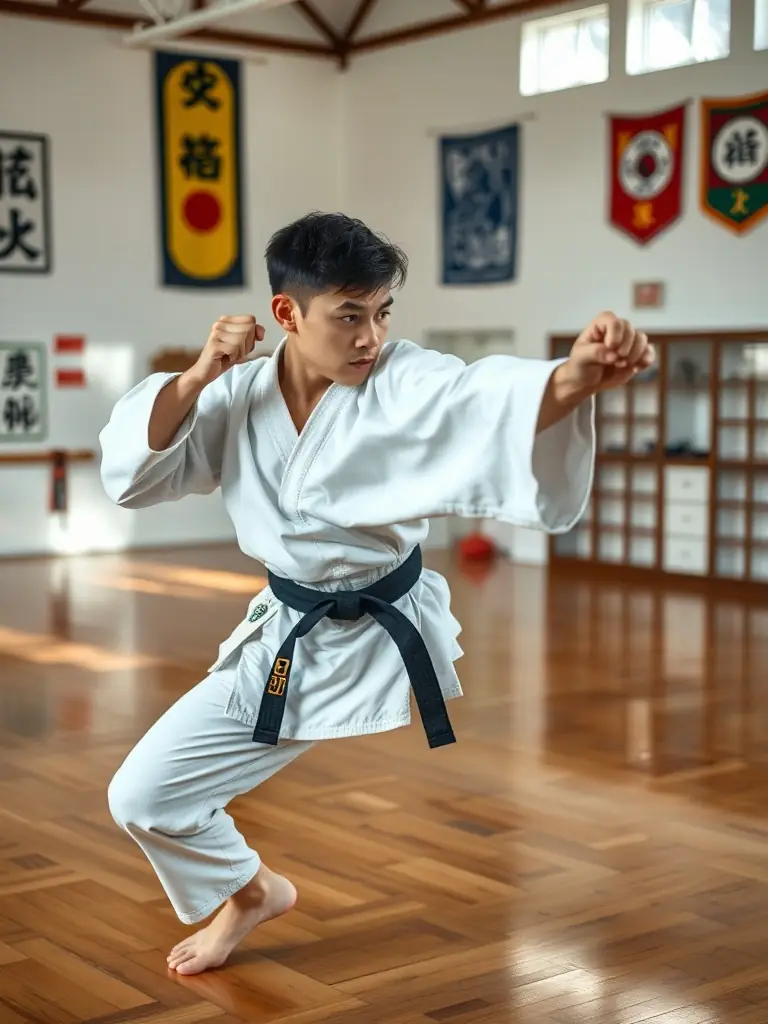 A disciplined judo student practicing a kata with precise movements, showcasing the dedication and focus required in martial arts training.