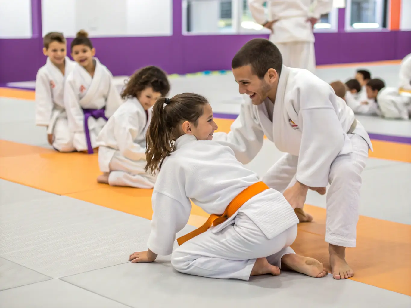 A group photo of EVREUX JUDO members of all ages and skill levels, smiling and standing together in their judo uniforms, illustrating the club's inclusive and supportive community.