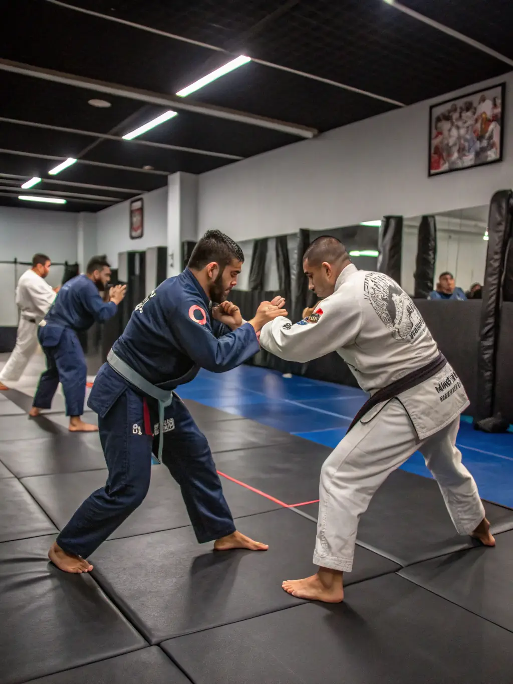 A focused image of adults practicing jujitsu techniques, showcasing the intensity and precision of the training at EVREUX JUDO.