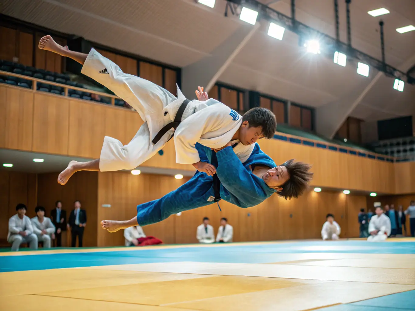 A dynamic action shot of judo practitioners in mid-throw during a training session at EVREUX JUDO, showcasing the intensity and skill involved in the sport.