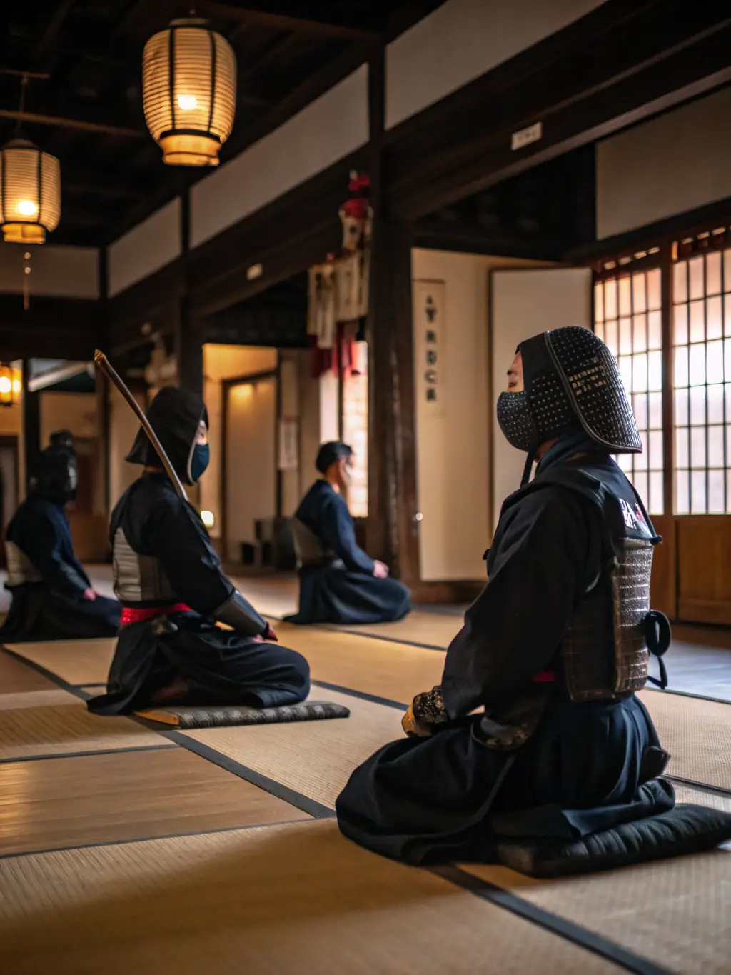 A serene image of kendo practitioners in full gear, showcasing the elegance and tradition of the art at EVREUX JUDO.