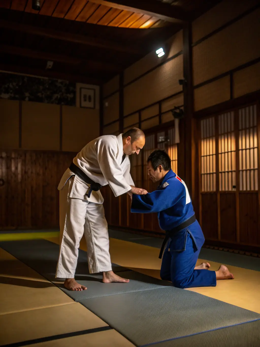 A focused image of a young judoka bowing respectfully to their opponent before a match, symbolizing respect and sportsmanship in a competitive setting.