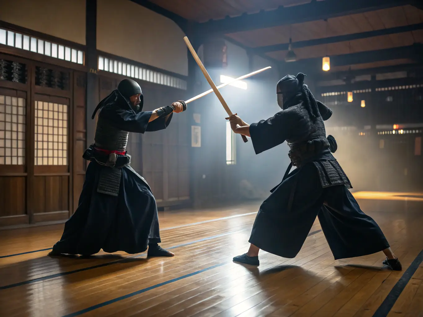 A striking image of kendo practitioners in full gear, engaged in a spirited practice session, emphasizing the tradition and discipline of kendo.
